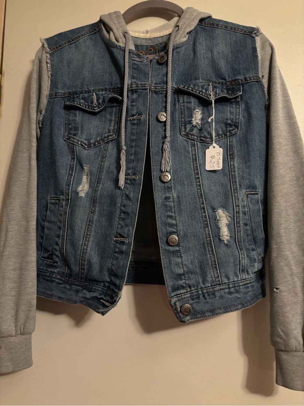 Blue Denim Hooded Jacket with Gray Sleeves